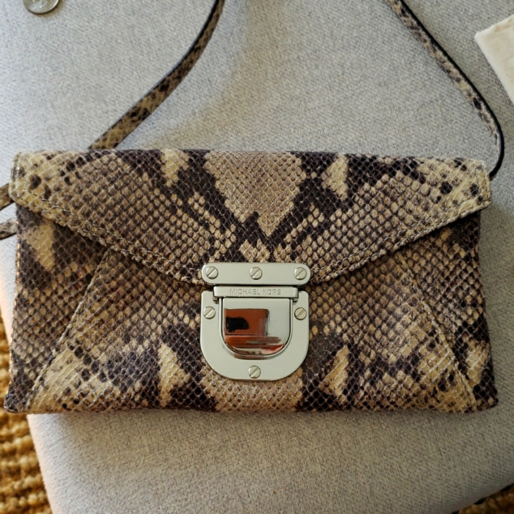 KORS Michael Kors Beige and Brown Snakeskin Clutch Wristlet